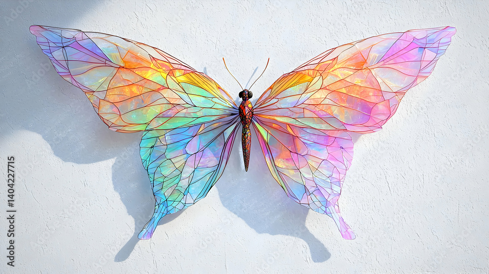 Abstract Polygonal Butterfly Displayed Against White Wall with Colorful Gradient Wings in Studio
