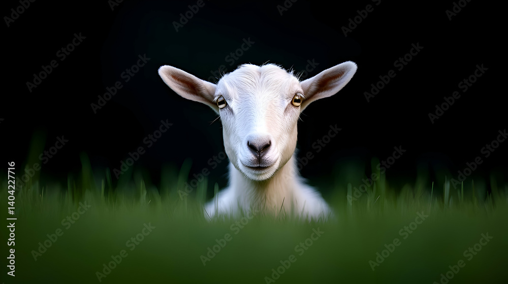 Portrait of a White Goat in Lush Green Grass Portrait of a White Goat in Lush Green Grass