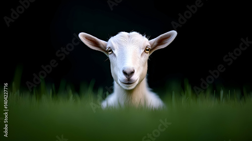 Obraz na płótnie Portrait of a White Goat in Lush Green Grass w salonie