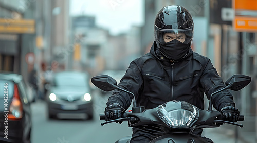 Obraz na płótnie Person in Black Protective Gear Riding Black Motorcycle on Urban Street w salonie