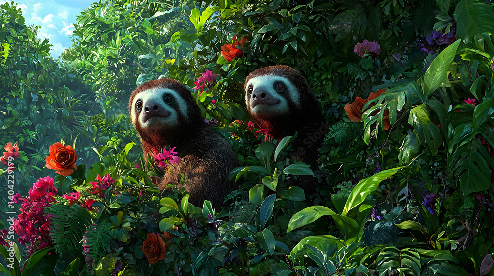 Two Sloths Among Lush Tropical Flowers