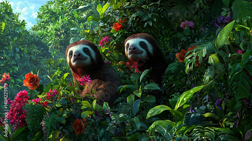 Obraz na płótnie Two Sloths Among Lush Tropical Flowers w salonie