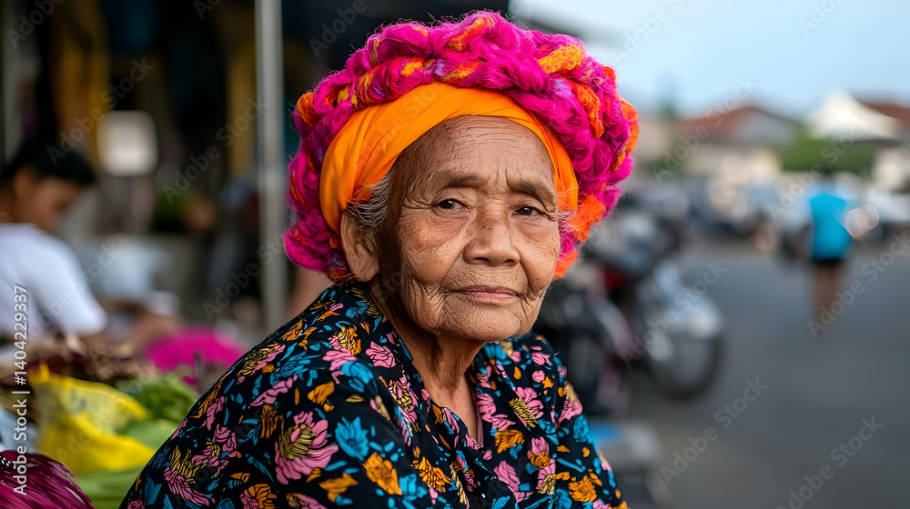 Portrait Of An Elderly Asian Woman With Colorful Headwear And Floral Clothing Posing Outdoors Near A Market In Daylight