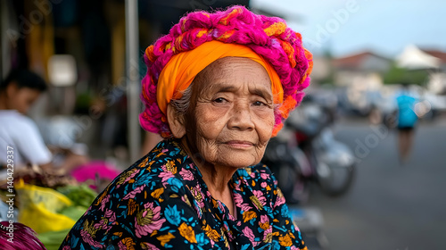Portrait Of An Elderly Asian Woman With Colorful Headwear And Floral Clothing Posing Outdoors Near A Market In Daylight