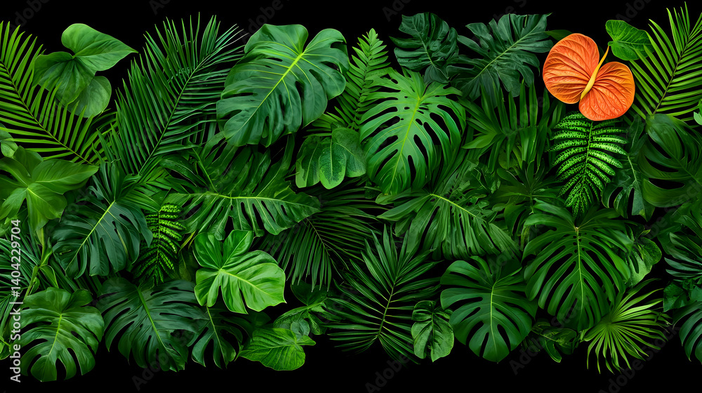 Dense Arrangement Of Lush Green Tropical Leaves With Orange Butterfly Against Black Background