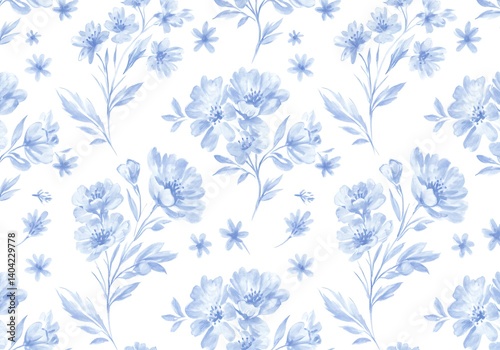 Delicate blue floral print on white background