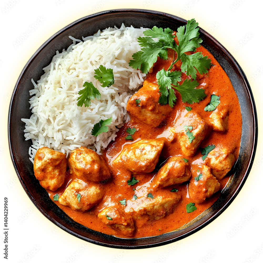 Delicious chicken curry with white rice and fresh cilantro garnish.