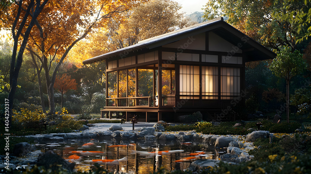 Peaceful Japanese Garden Pavilion With Autumn Foliage