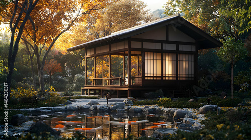 Obraz na płótnie Peaceful Japanese Garden Pavilion With Autumn Foliage w salonie