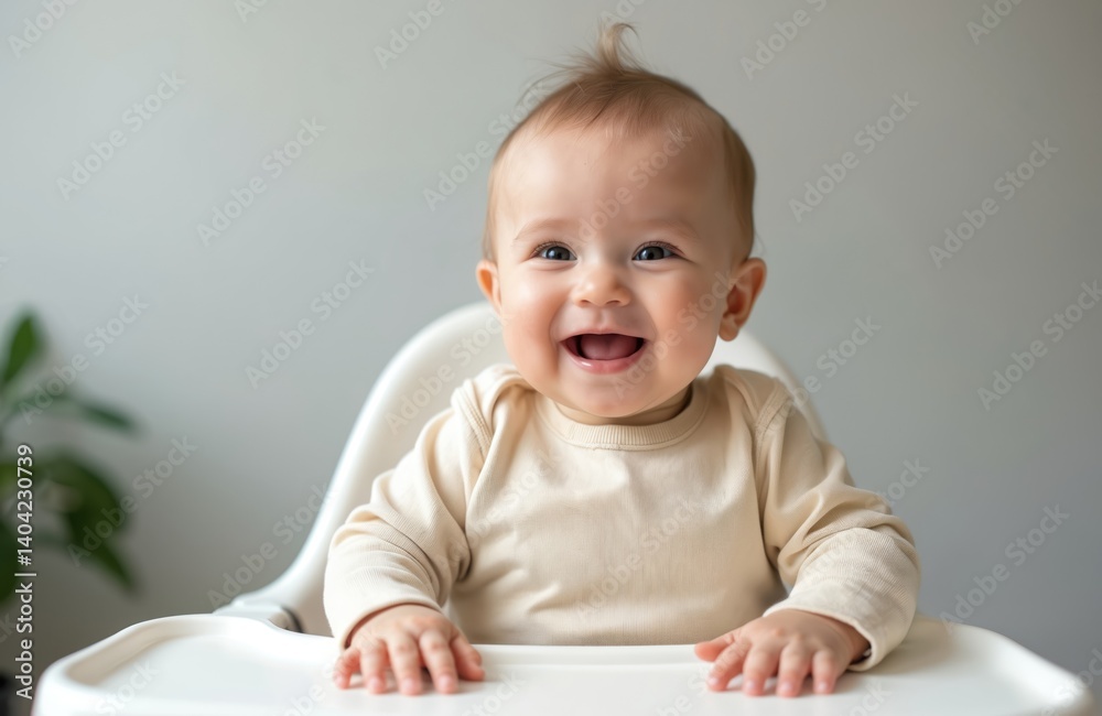 Cheerful baby sits in white high chair. Happy infant smiles, laughs at camera. Cute toddler in casual attire enjoys meal. Joyful expression, childhood, home, family, portrait. Baby food, feeding Cheerful baby sits in white high chair. Happy infant smiles, laughs at camera. Cute toddler in casual attire enjoys meal. Joyful expression, childhood, home, family, portrait. Baby food, feeding