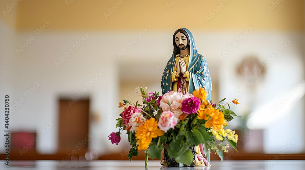 Religious Statue with Floral Arrangement in Church Interior