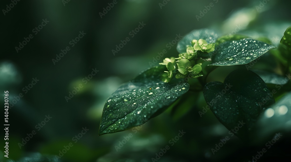 Closeup Dew Drops on Lush Green Leaves and Buds Closeup Dew Drops on Lush Green Leaves and Buds
