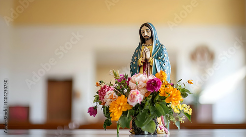 Obraz na płótnie Religious Statue with Floral Arrangement in Church Interior w salonie
