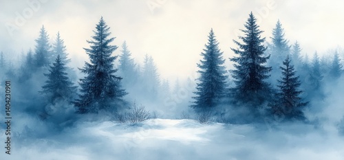 Winter Landscape with Snowy Pine Trees in Watercolor Blue Forest Illustration
