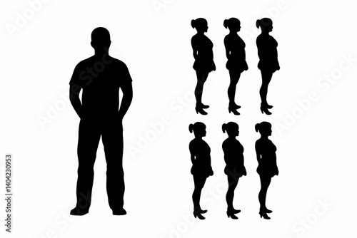 Silhouettes of One Man Standing Apart from a Line of Women on White Background Representing Social Concept or Gender Imbalance