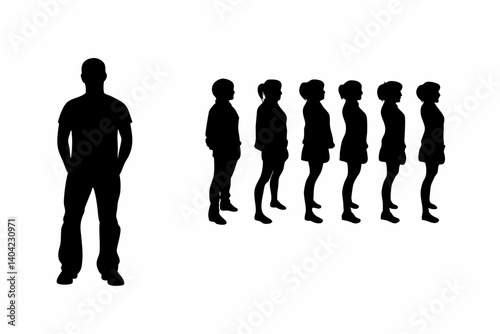 Silhouettes of One Man Standing Apart from a Line of Women on White Background Representing Social Concept or Gender Imbalance
