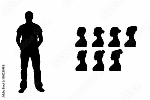 Silhouettes of One Man Standing Apart from a Line of Women on White Background Representing Social Concept or Gender Imbalance