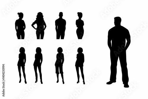 Silhouettes of One Man Standing Apart from a Line of Women on White Background Representing Social Concept or Gender Imbalance