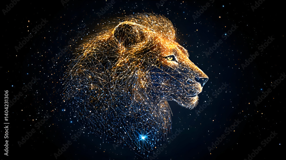 Majestic Lion Profile in Starry Night Sky, Gold and Blue Abstract Digital Art
