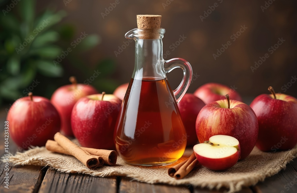 Glass jug filled apple cider vinegar with fresh red apples, cinnamon sticks on wooden table. Healthy fermented beverage with dietary benefits. Autumn seasonal food concept.
