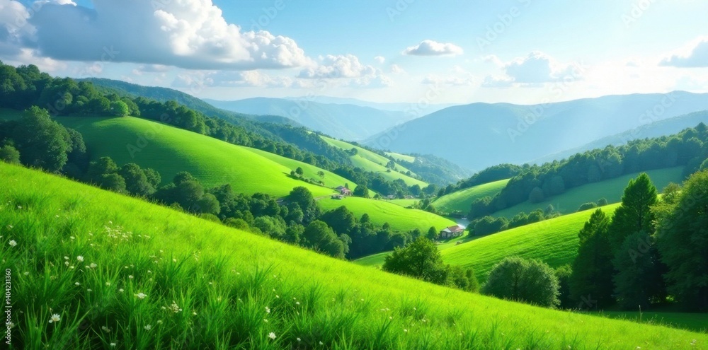 Obraz premium Lush green hills, vibrant foliage, idyllic scenery, green landscape, beautiful