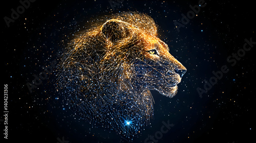 Obraz na płótnie Majestic Lion Profile in Starry Night Sky, Gold and Blue Abstract Digital Art w salonie
