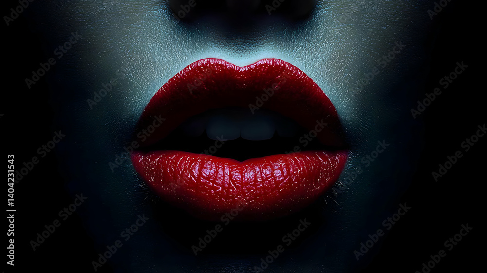 Close Up Of Red Lips With Glitter Makeup On Woman Face