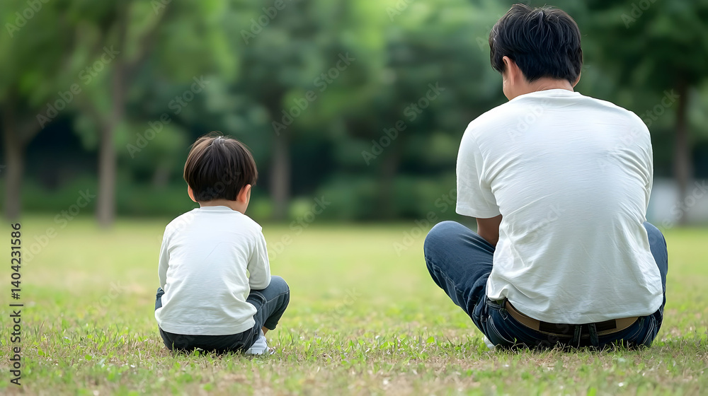 Father and Son Sitting on Green Grass in Park Rear View with Blurred Background