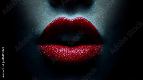 Obraz na płótnie Close Up Of Red Lips With Glitter Makeup On Woman Face w salonie