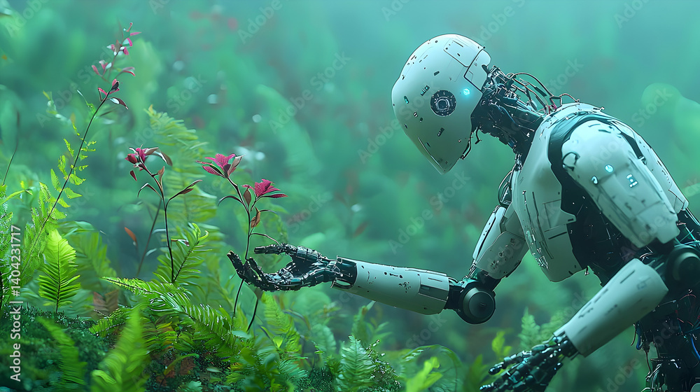 Cybernetic Robot Observing Flora In Lush Environment