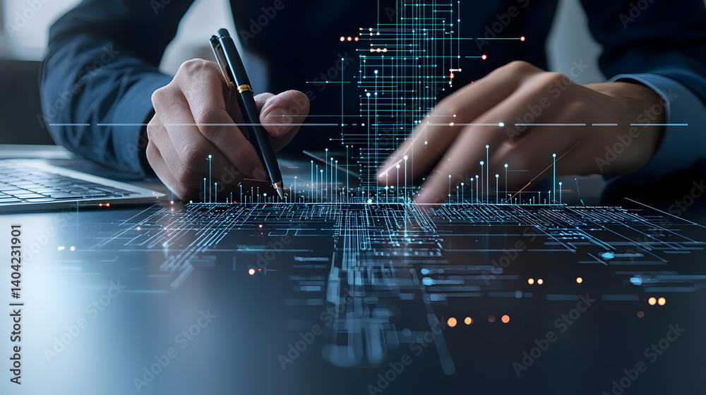 Businessman Signing Digital Document Overlayed With Data Network Interface in Dark Blue Toned Office