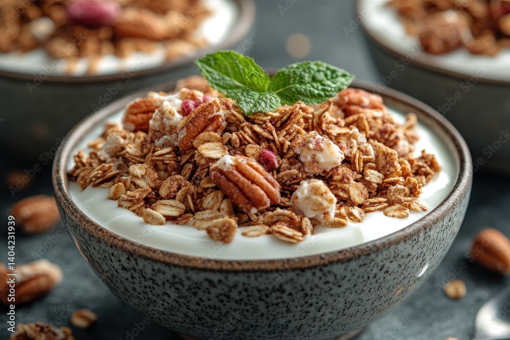 A close-up of a bowl of yogurt topped with granola and nuts, set against a blurred background A close-up of a bowl of yogurt topped with granola and nuts, set against a blurred background