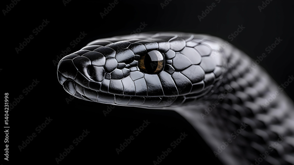 Black Snake Head Close Up Against Dark Background Showing Detailed Scales and Eye