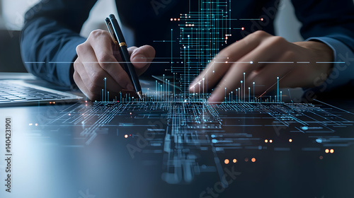 Obraz na płótnie Businessman Signing Digital Document Overlayed With Data Network Interface in Dark Blue Toned Office w salonie