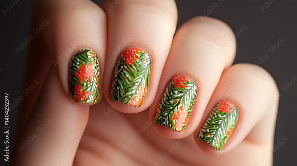 Closeup of Woman's Hands with Festive Green and Orange Nail Art