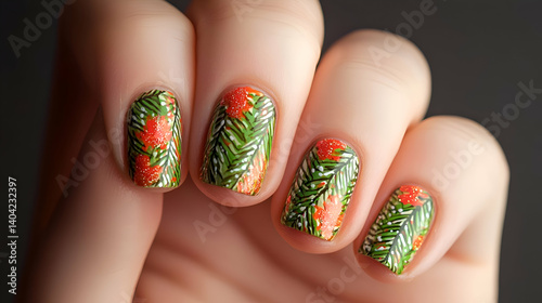 Obraz na płótnie Closeup of Woman's Hands with Festive Green and Orange Nail Art w salonie