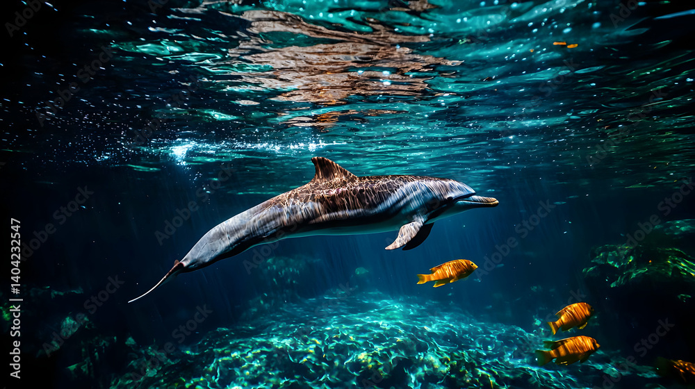 Dolphin swimming underwater with golden fishes and coral reef in deep blue ocean