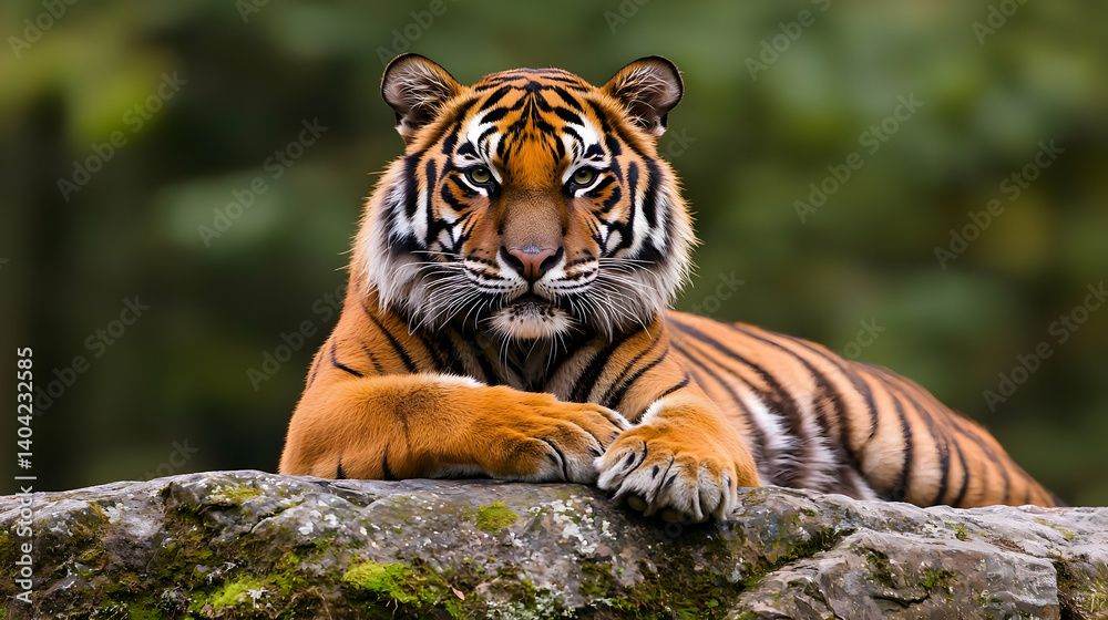 Adult Tiger On Rocky Outcrop In Forest