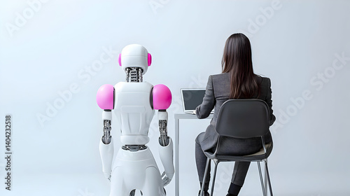 Obraz na płótnie Robot Stands Beside A Woman Wearing Black Suit At A Desk In A Bright White Office w salonie