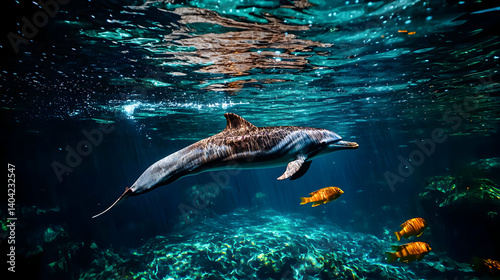 Obraz na płótnie Dolphin swimming underwater with golden fishes and coral reef in deep blue ocean w salonie
