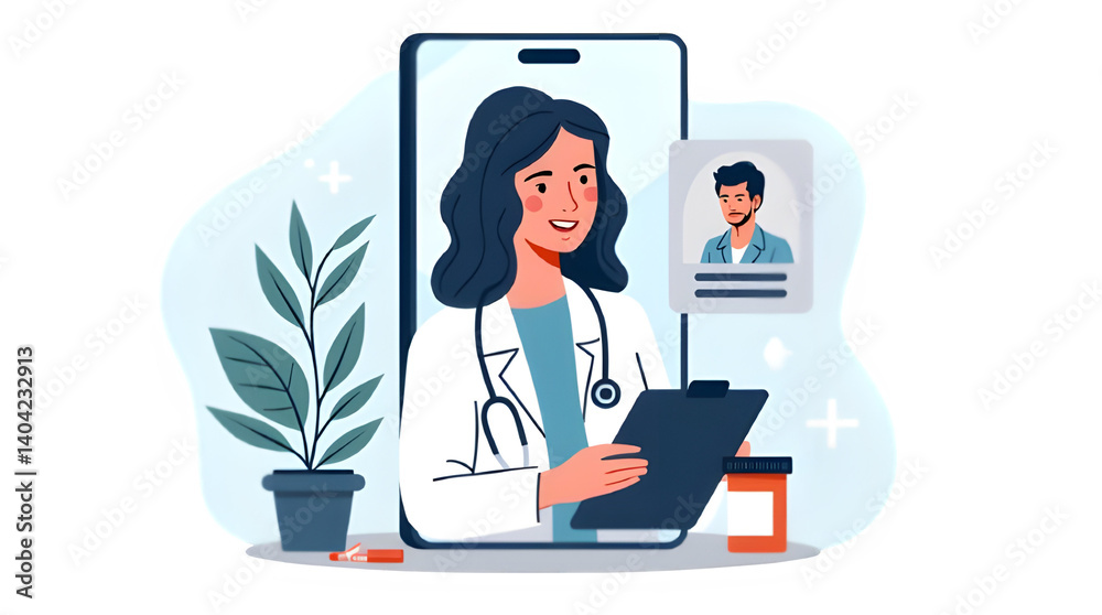 Flat style illustration of a female doctor offering online consultation via smartphone with medical icons and plants Flat style illustration of a female doctor offering online consultation via smartphone with medical icons and plants