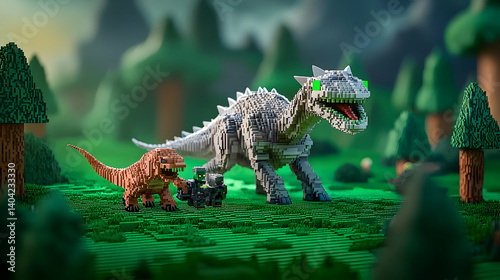 Pixel Art Dinosaurs In Forest Landscape