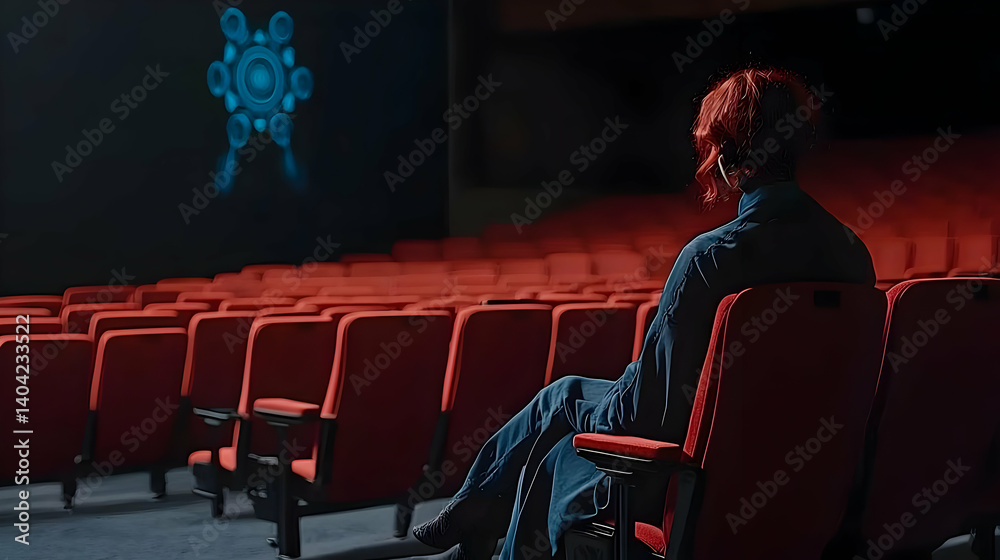 Woman Alone In Empty Movie Theater Watching Digital Projection