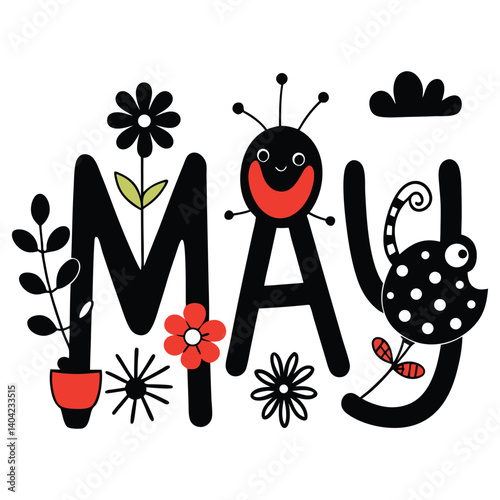 Colorful 'MAY' Typography with Flowers, Ladybug, and Fun Doodles photo