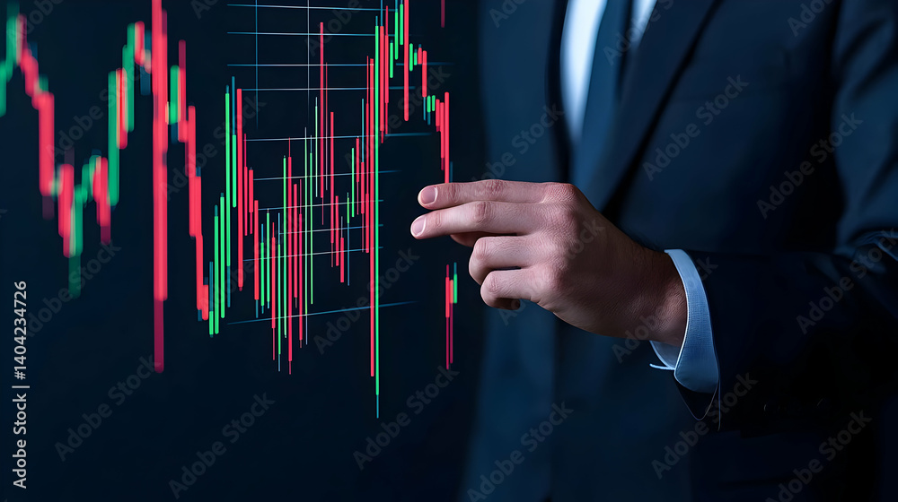 Businessman in Dark Suit Pointing at Financial Data Chart on Black Screen
