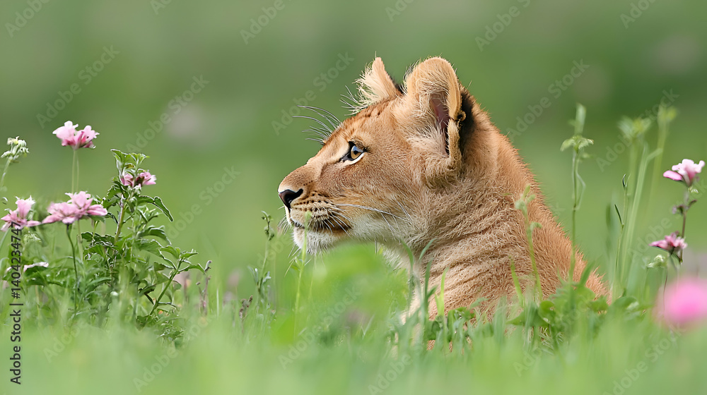 Adorable Lion Cub Amidst Pink Flowers and Lush Green Grass