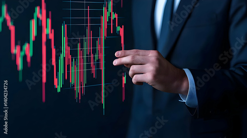 Obraz na płótnie Businessman in Dark Suit Pointing at Financial Data Chart on Black Screen w salonie