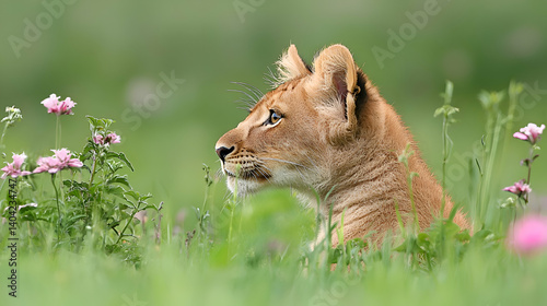 Obraz na płótnie Adorable Lion Cub Amidst Pink Flowers and Lush Green Grass w salonie