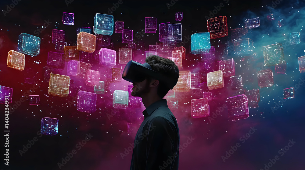 Man Experiencing Virtual Reality With Colorful Cubes