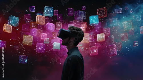 Obraz na płótnie Man Experiencing Virtual Reality With Colorful Cubes w salonie